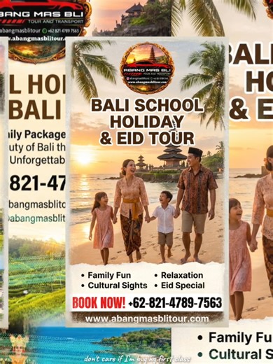 🌙✨ Lebaran & School Holiday in Bali? Family time starts here! 🌴 Beach moments with the kids 🏖️ Family dinner with ocean views 🍽️ Sunset together at Pura Uluwatu 🌅 Fun day at Waterbom Bali 💦 Quality time. Happy kids. Relaxed parents 💛 Make your family trip smooth & stress-free with Abang Mas Bli Tour & Transport 🚗✨ ✔️ Comfortable cars for family ✔️ Safe & professional driver ✔️ Flexible schedule ✔️ Perfect for school holiday & Lebaran trip 📲 Book early before peak season is FULL: 62 821 