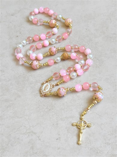 Handmade Catholic Rosary -pink and Pearl Rosary Beads, Traditional Gift for Women. - Etsy