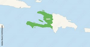 World Map Zoom In To Haiti. Animation in 4K Video. Green Haiti Territory On Blue and White World Map