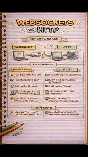 Shobhit Kumar on Instagram: "⚡ WebSockets vs HTTP – Real-time app banana hai? Dono internet pe data bhejte hain… par kaam karne ka style alag hai 👇 🌐 HTTP ➡️ Request → Response ➡️ Har request me connection open/close ➡️ REST APIs, normal web browsing ⚡ WebSockets 🔁 Real-time 2-way communication 🔓 Connection open rehta hai 💬 Chats, gaming, live updates Agar tum real-time apps bana rahe ho WebSockets game changer hai 💯 💾 SAVE for interviews 🔁 SHARE with dev friends ❤️ FOLLOW @neurocodez0 f