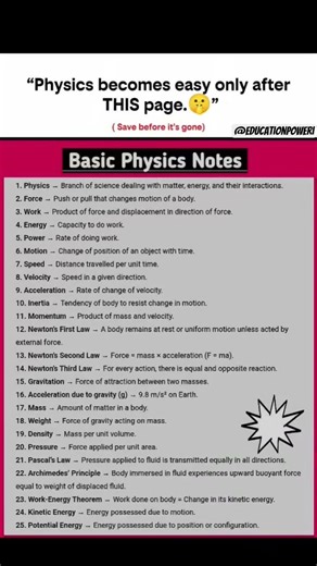 Basic Physics Notes – Foundation Sheet 📘 Force, motion, laws, energy..#shorts #education #video