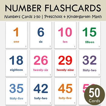 Number Flash Cards 1–50 | Colorful Numbers & Number Names Printable, T-239