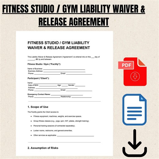 Gym Liability Waiver & Release Form | Fitness Studio Client Agreement | Editable PDF Word - Etsy UK