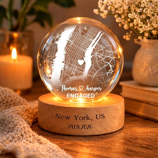 Custom Map Engaged 3D Crystal Ball Lamp With Wooden Base, Location Engagement Gifts for Couple - Etsy