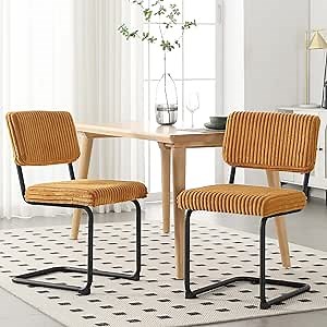 Dining Chairs Set of 2, Yellow Upholstered Kitchen Dining Chairs, Black Metal Legs Accent Chairs