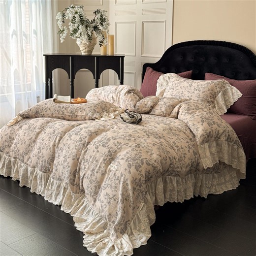 Floral Ruffled Bedding Set With Lace Trim for Bedroom Decor - Etsy