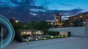 Planning a modern restaurant architecture with an outdoor area using sustainable building materials - loop-able 3D visualization