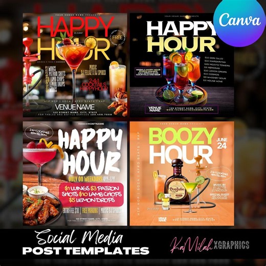 Happy Hour Flyer Templates, Bar Event Social Media (canva Editable) - Etsy