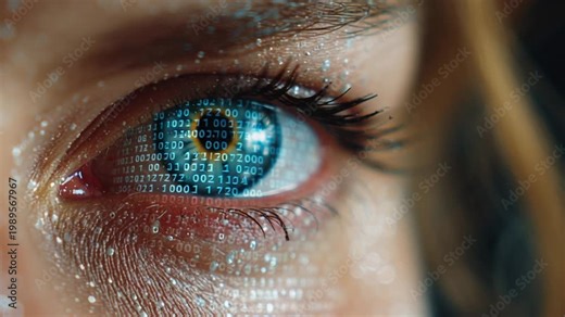 Detailed macro view of biometric security eye system, Intense cinematic depiction of cybernetic eye involved in identity verification process