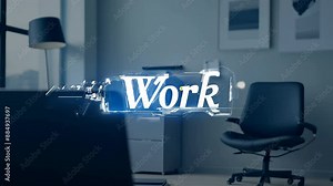 Pop-up word "Work" in modern office interior with emphasis on text. Concept: office and professional activity, business motivation, productivity.