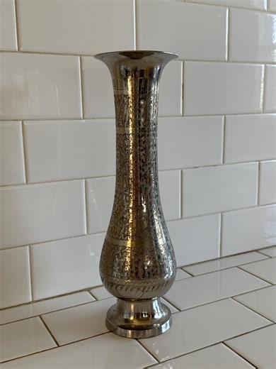 Vintage Silverplate Hand-etched Brass Vase With Ornate Detail, Made in India - Etsy