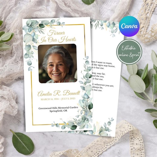 Elegant Eucalyptus Funeral Prayer Card Template, Canva Greenery Printable Memorial Prayer Card, Celebration of Life, Instant Download - Etsy