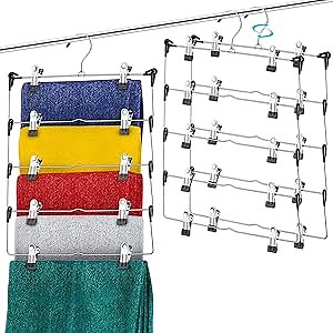 DEILSY™ 5-Tier Skirt Hangers with Clips (3 PK) Pant Space Saving Multiple in one Clothes with Clip Multiple Pants Hanger for Closet Bottom Hangers Metal Hanger with Clips