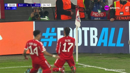 O GOLAÇO de Olise, que fechou a conta e garantiu a classificação do Bayern sobre o Real Madrid para as semifinais da Champions League.Bayern 4x3 Real Madrid. 6x4 no agregado.🎥 @TNTSportsBR