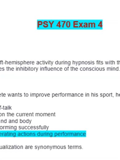 PSY 470 – Exam 4 Study Guide & Practice Questions 1. Mood Disorders Q1: A patient presents with persistent sadness, loss of interest in activities, and fatigue for over 2 weeks. Which disorder is most likely? A. Bipolar I Disorder B. Major Depressive Disorder C. Cyclothymic Disorder D. Persistent Depressive Disorder (Dysthymia) Answer: B – Major Depressive Disorder Rationale: MDD is characterized by ≥2 weeks of depressed mood or anhedonia with additional symptoms (sleep changes, fatigue, feeling