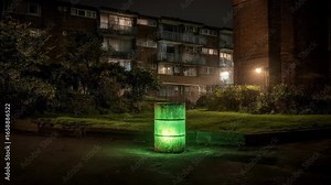 Toxic waste barrel emitting eerie green light beneath a housing block emphasizing the concealed contamination impacting community soil safety.