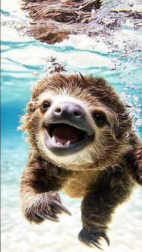 A happy sloth swimming underwater