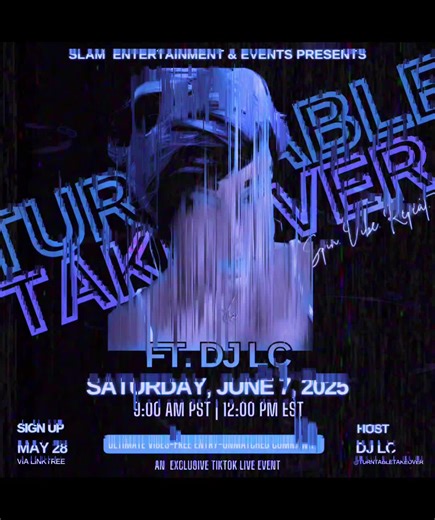 🚨 It’s go time. Turntable Takeover 7 is coming in HOT. 🗓️ Saturday, June 7 | ⏰ 9AM PST – 9AM PST 12 DJs. 24 hours. 1 culture-filled livestream. Full 45-minute headlining set. No skips. No fillers. Just fire. With the headliner of the night:🎧 @@dj_justwill. ⚠️ If you don’t register for a reminder, you might miss the best set of the day. 💥 Free entry. Infinite vibes. Zero replay. 📍Watch it LIVE on TikTok 📲 Register via link now. Link in bio. @🎧💜 DJ LC 💜🎧 @DJ QREEMO 🔵 @DJNickRooster @DJA