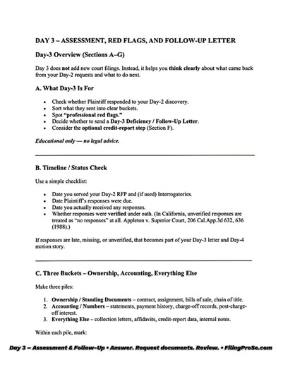 Day 3 in a debt-buyer case: slow down, check what came back, and spot gaps before court. Plain-English worksheets letters for less than half an hour with a lawyer. FilingProSe.com #debtbuyer #creditcardlawsuit #collectionlawsuit #FilingProSe #prose
