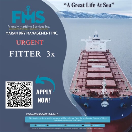 Friendly Maritime Services Inc. is now hiring! You can send us your CV/Resume in our email: recruitment@friendmar.com.ph Or contact us in our mobile number: 09177123271 or 09175689805 landline: (02) 8888 4551 kindly fill out this form to know your additional details. https://forms.office.com/e/risLdeQwHk Walk-in applicants are welcome, No appointment required, however please bring your on hand & original documents, and also bring all of your sea service & previous medical certificate for filling