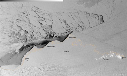 The NOAA-20 polar orbiting satellite provides us with a detailed image of the Arctic Coast. With over 7 days of persistent northeast winds, an open lead in the sea ice is forming. With water temperatures warmer than the air temperature, a thin layer of clouds are forming along this lead of open water. This is a similar process to lake effect snow in the great lakes, but with very little moisture in the atmosphere there won't be any falling snow with these clouds. #AKwx | US National Weather Serv