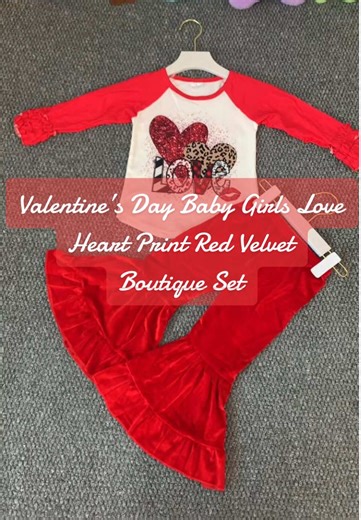 Valentine's Day Love Heart Lip Red Icing Ruffle Raglan Girls Shirt Velvet Ruffle Bell Bottom Pants Set for Kids❤️#videowave #valentines #girlclothes #velvet #love @TikTok @tiktok creators @TikTok for Business