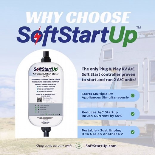 Ever wondered if you might need a SoftStartUp for your RV? 🤔🚐 If you’re looking to: • Start multiple RV appliances simultaneously ⚙️ • Reduce your A/C startup inrush current 📉 • And have the option to bring it with you everywhere you go 🚶🏼‍♂️ Then a SoftStartUp may be the fit for you! To learn more or get yours today visit — SoftStartUp.com ✅ #softstartusa #softstartup #softstart #softstarter #rv #rvtravel #rvlifestyle #rvcamping #rvliving #rvlife #rvlivingtips #rvtipsfornewbies #rvadventur