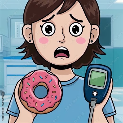 Cartoon woman holds a donut and a glucose meter as she looks worried about sugar consumption for diabetes control footage.