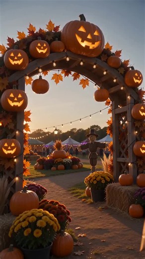 Create a cute, magical Halloween Harvest Carnival at golden-hour sunset. Begin with a cinematic view passing beneath a glowing pumpkin-covered entrance arch into a beautiful autumn carnival filled with orange, gold, purple, and warm twinkling lights. Move through a huge pumpkin patch with pumpkins of every shape and size, friendly scarecrows, hay bales, colorful fall flowers, corn stalks, and children and families enjoying the festival. Reveal a charming carnival area with a glowing Ferris wheel