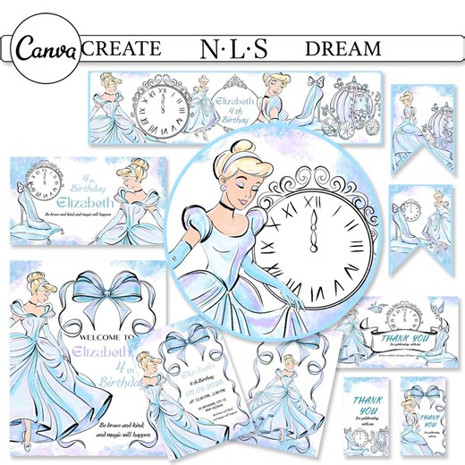 Set Decor Design Cinderella, Cinderella Welvome Sign, Cinderella Invitation, Cinderella Topper, Cinderella Birthday Decor Kids Party, Canva - Etsy