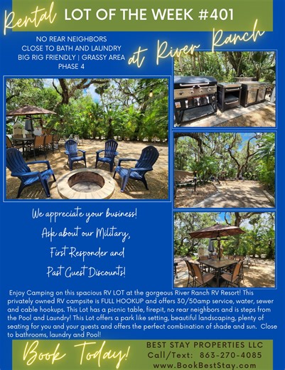 🔥 RV LOT FOR RENT – RIVER RANCH RV RESORT! 🔥 📍 River Ranch RV Resort in Central FL. – Just 1 Hour South of Orlando! 🏕️ Your Private RV Oasis Awaits! 🌿 No Rear Neighbors = Extra Privacy! 🌿 ✨ Outdoor Kitchen & Spacious Living Area 🚐 BIG RIG Friendly – Full Hookups (20/30/50 AMP, Water, Sewer, Cable) 🔥 Cozy Firepit Area – Perfect for S’mores & Stories 🐾 Pet & Kid-Friendly – Room to Roam! 🚗 Golf Cart Rentals Available for Extra Fun! 👮‍♂️🎖️ Military, First Responder & Past Guest Discounts
