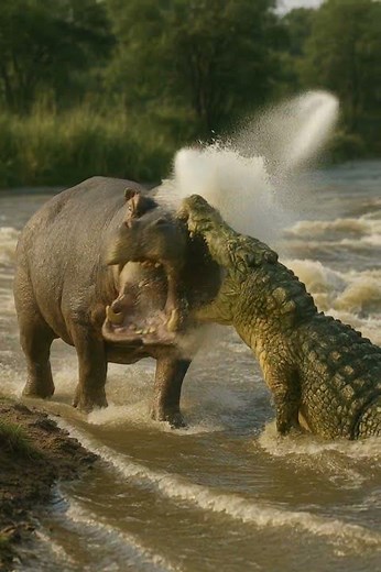 Hippo vs Crocodile — Lords of the River | Epic Wildlife Battle 4K #hippo #crocodile #animalfight