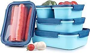 DeliOne Food Storage Containers with Stretchable Lid,5 PCS Flex 'n Fresh-Top Reusable Containers 13/25/34/68oz,Leak-Proof, Heat-Proof（Blue）