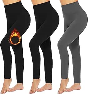 FULLSOFT 3 Pack Fleece Lined Leggings Women High Waisted Workout Winter Warm Thermal Yoga Pants(3 Pack Black,Black,Dark Grey,Large-X-Large)