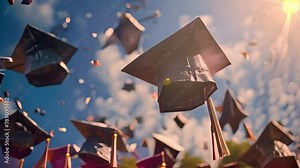 Graduation hats flying in the sky. Graduate are celebrating graduation Throwing hands up a certificate and Cap in the air, Happiness cheerful feeling, Commencement, Graduation day on sky background.4k