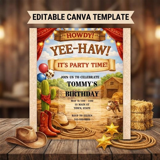 Cowboy Birthday Invitation Digital - Editable Canva Template for Fun Rodeo Party | Instant Download - Etsy