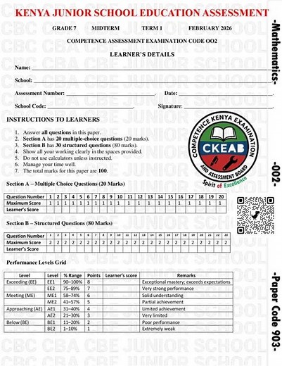Grade 7 Mathematics Mid Term 1 2026 Exam with Marking Scheme