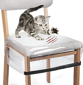 4 Pack Plastic Seat Covers, Plastic Chair Covers for Dining Room Chairs, Stain, Water and Kitty Scratch Resistant Clear Pvc Chair Protector with Adjustable Strap for Most 18" - 20" Standard Chair