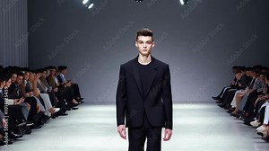 Fashion show featuring male model in sleek black attire on runway at recent event