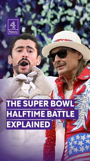Channel 4 News on Instagram: "The Super Bowl halftime show was headlined by Puerto-Rican artist Bad Bunny this year, and was critically acclaimed. But a MAGA-backed All-American Halftime Show, headlined by Kid Rock, sought to rival the NFL's official event. So how did fans around the world react to the showdown between Bad Bunny and Kid Rock? #SuperBowl #BadBunny #NFL #KidRock #Channel4News"