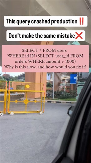 Deshansh Garg on Instagram: "That query is slow because of the *nested SELECT (subquery)* — * The inner query runs repeatedly for each row in `users`. * It causes *N+1 lookups*→ huge performance hit on large tables. * No index reuse or proper join optimization happens. --- 🔹 *Fix: Use a JOIN Instead!* ```sql SELECT DISTINCT u.* FROM users u JOIN orders o ON u.id = o.user_id WHERE o.amount > 1000; ``` ✅ The join lets PostgreSQL use indexes and execute in one pass. ✅ The planner can optimize join