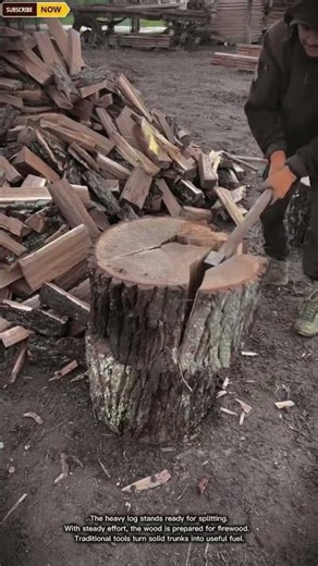 Manual Log Splitting Process | Traditional Firewood Preparation