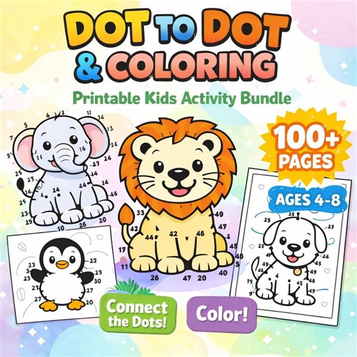 100  Dot to Dot & Coloring Pages | Printable Kids Bundle Ages 4–8 - Etsy