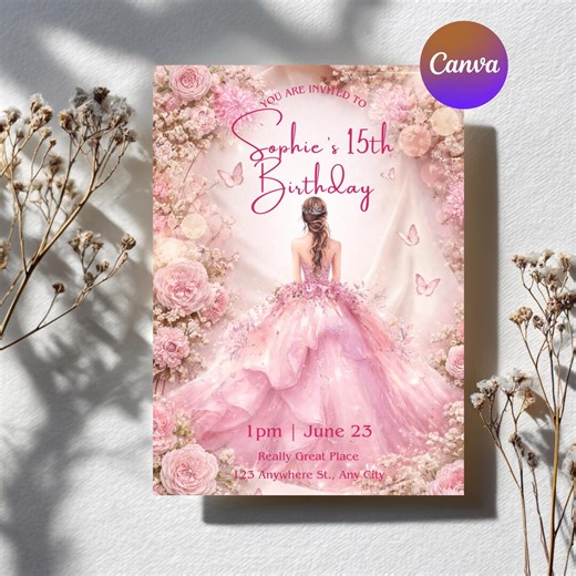 Pink Quinceañera-style Sweet 15 Birthday Invitation, Elegant Floral Butterfly Princess Invitation, Editable Canva Template - Etsy