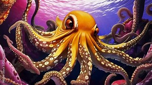 Giant octopus in deep ocean. underwater life, exotic marine animals.