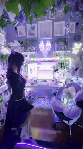 Whimsical Purple Gaming Desk Setup with Cozy Vibes