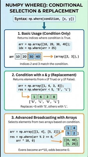 How "where" Function works in NumPy Arrays #numpy #python #datascience #datascienceforbeginners