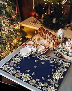 Gold White Snowflakes Christmas Placemat 1PC, Winter Xmas Holiday Heat Resistant Washable Table Place Mats Navy Blue Cotton Table Linens Party Holiday Decor for Kitchen Dining Outdoor Indoor