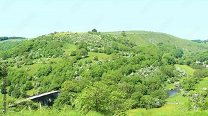Panorama of Monsal Dale - a beautiful valley in Peak District, England with the Headstone Viaduct.