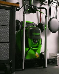 The new Greenworks self-propelled mower folds in seconds and takes up 70% less space in your garage. 🔋 #Greenworks | Greenworks